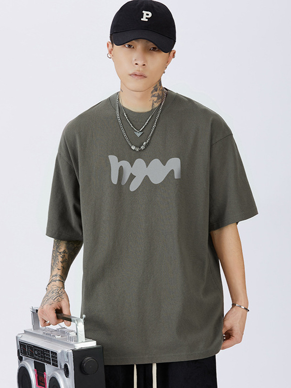 Mingge | Japanese Printed Loose Shoulder Crewneck Short Sleeve Top Men's ins Fashionable Puffian Handsome Simple Casual T-Shirt