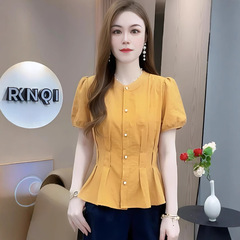 小个子百搭短袖衬衫女洋气通勤小衫夏装新款褶皱收腰上衣休闲衬衣