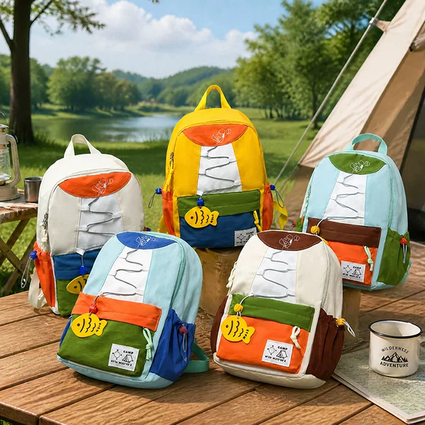 Forest-style colorful patchwork contrasting color backpack, large capacity school bag for primary school students, cute fish pendant, trendy children's backpack