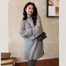 冬季款开叉纯羊毛裙女高领中长款慵懒风透气毛衣开叉大衣内搭上衣