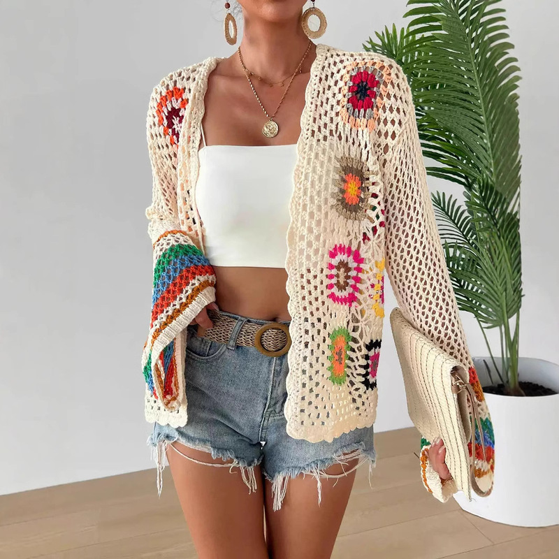 Ethnic Vintage Crochet Rainbow Long Sleeve Cardigan Random Color Block Handmade Crochet Sweater Hollow Knitted Top