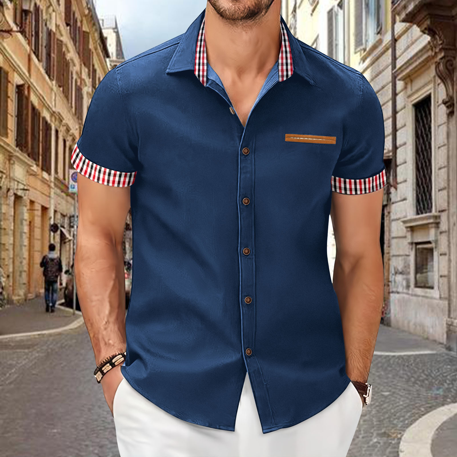 Camicia da uomo a maniche corte in cotone, nuova moda estiva, camicia da uomo a quadri, vestibilità slim, casual, a maniche corte_voghion.com