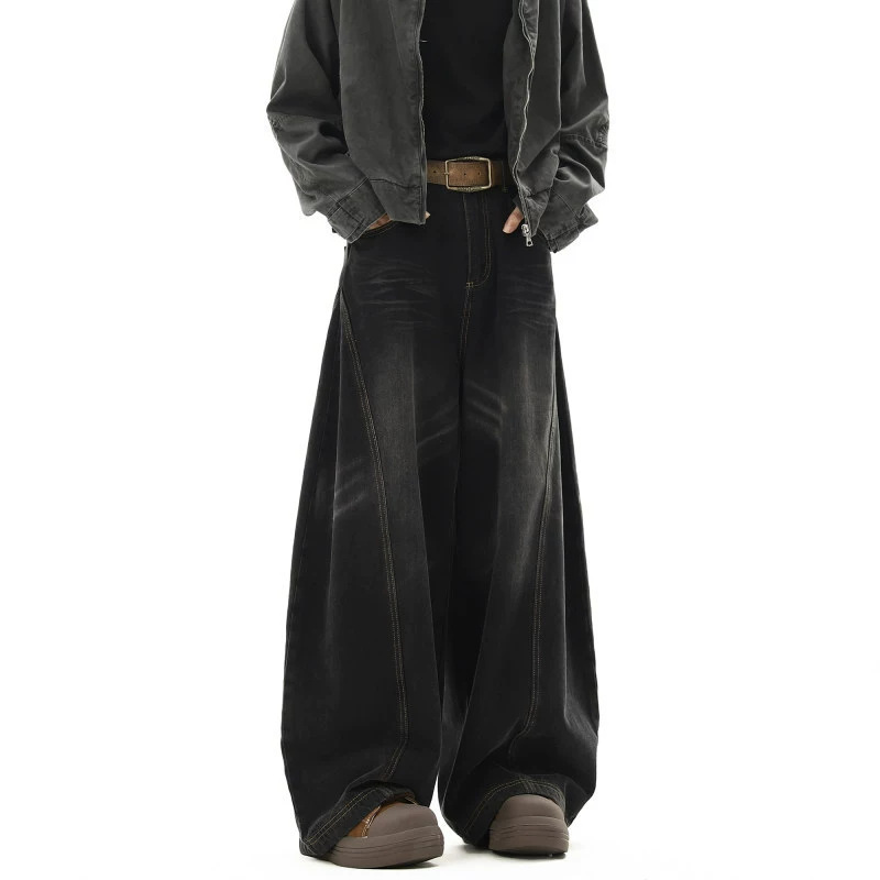 Unisex Wide-Leg Cargo Jeans | Vintage Washed Black & Blue | High-Waisted Relaxed Fit With Utility Pockets (S-3xl)_viptrois.com