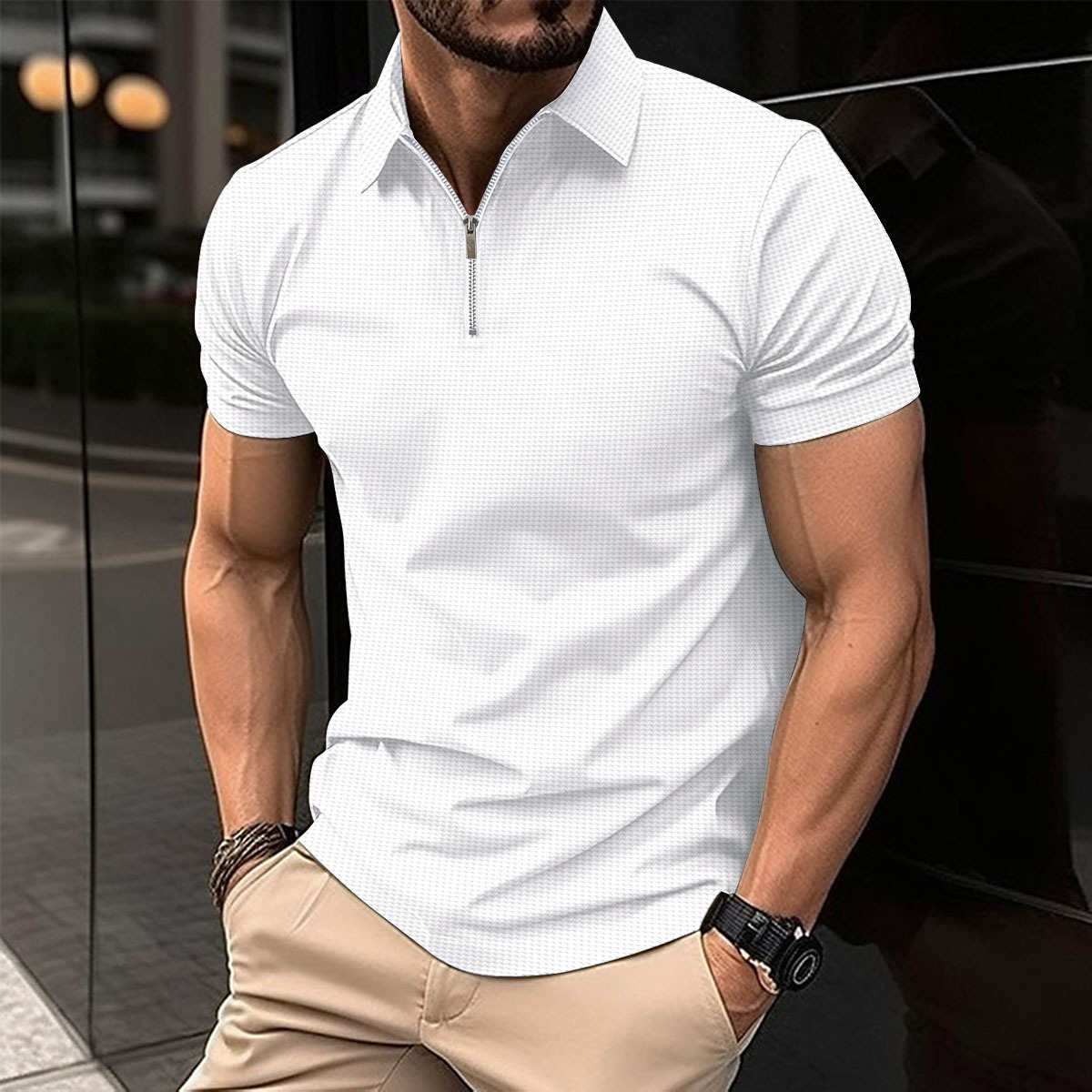 Men's Solid Color Zip Up Short Sleeve Waffle Knit Shirt Breathable Cotton Blend Top In White Black Gray For Summer_viptrois.com
