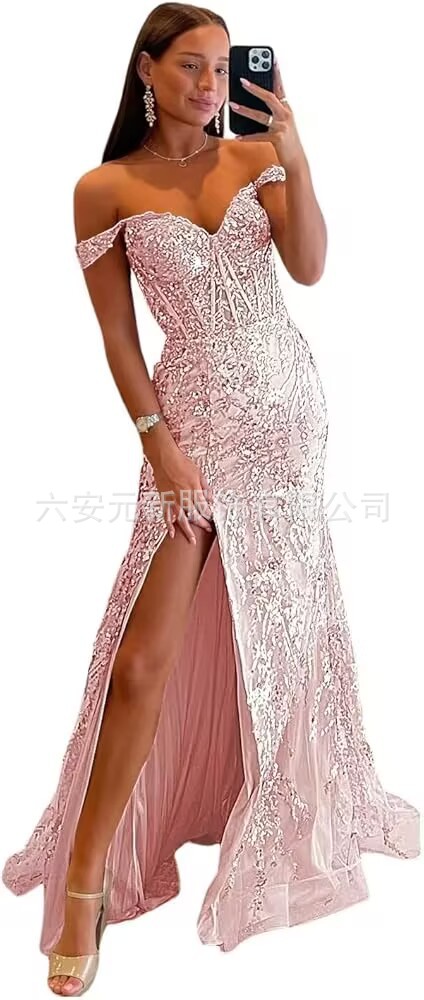 Comercio exterior europeo y americano Amazon hombro abierto vestido de baile largo de diafragma de encaje decal de mujer vestido de noche de cola de pescado