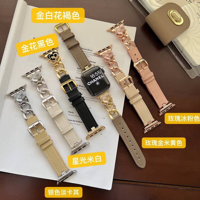Cowhide Camellia Chain Strap for Apple Apple Watch Wristband iwatch56789SE Smart Strap