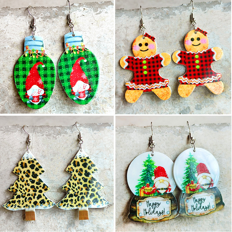 Christmas Tree Christmas Earrings Retro Rainbow Leopard Print Plaid Gingerbread Man Candy Dwarf Lantern Bright Oil Acrylic