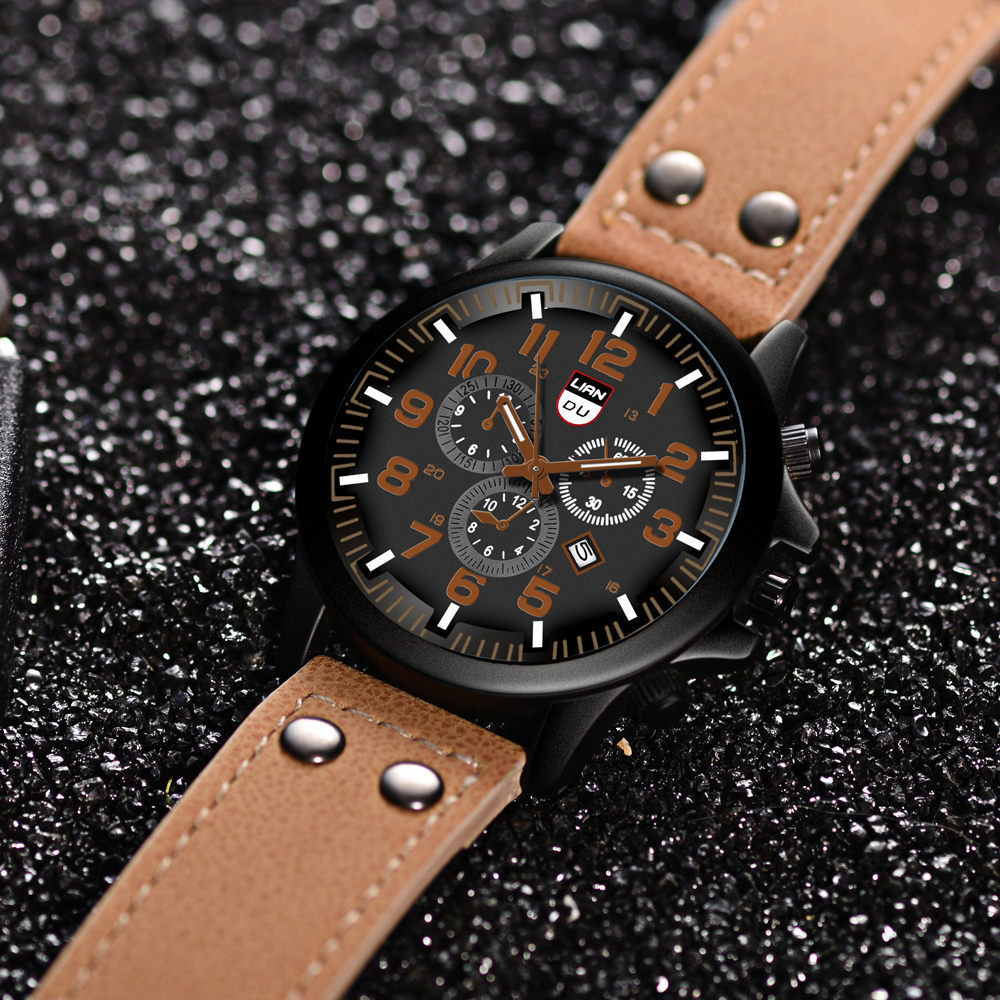 Men's Belt Quartz Watch Three Eyes Fashion Calendar Watch Double Nail PU Men's Watch Batch_voghion.com