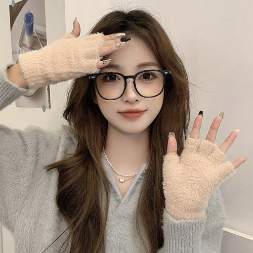 Warm and Cozy Half-Finger Knit Gloves for Women - Winter Fleece Touchscreen Compatible, Versatile for Office, Students, and Writing