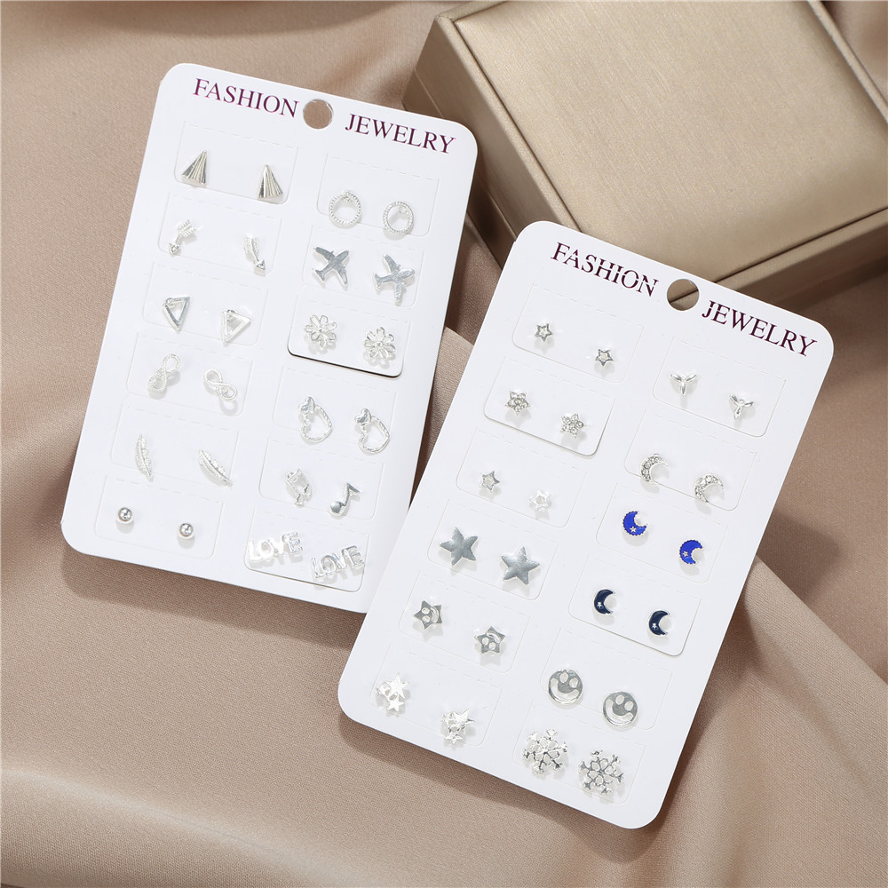 12 Pairs Of Silver Ear Studs Suit Fashion New Simple Earring Wholesale display picture 1