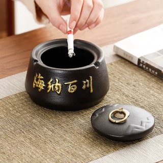 时尚烟灰缸家用办公创意陶瓷烟盅带盖防风防飞灰个性潮流网红摆件