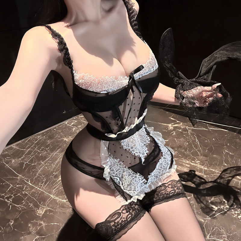 Jinxiu Sexy Lingerie Mesh Uniform Polka Dot Sweetheart Pure Desire Lace Japanese Style Sweet Bow Maid Nightgown Jinxiu Sexy Lingerie Mesh Uniform Polka Dot Sweetheart Pure Desire Lace Japanese Style Sweet Bow Maid Nightgown