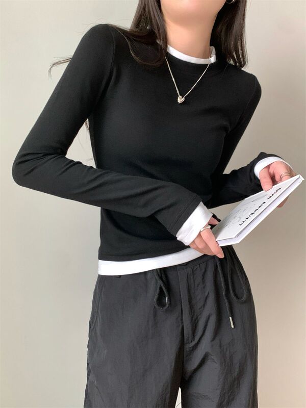 早秋新款韩版撞色假两件修身圆领长袖内搭T恤上衣女|undefined