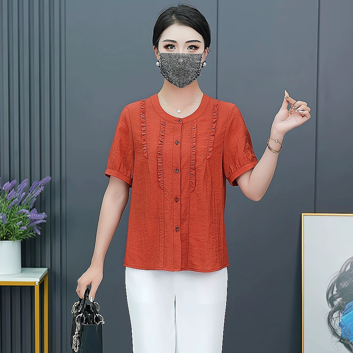 Летняя новая стильная универсальная рубашка с воротником-стойкой для женщин с рюшами, короткая рубашка для женщин, однотонная тонкая рубашка с защитой от солнца, топ