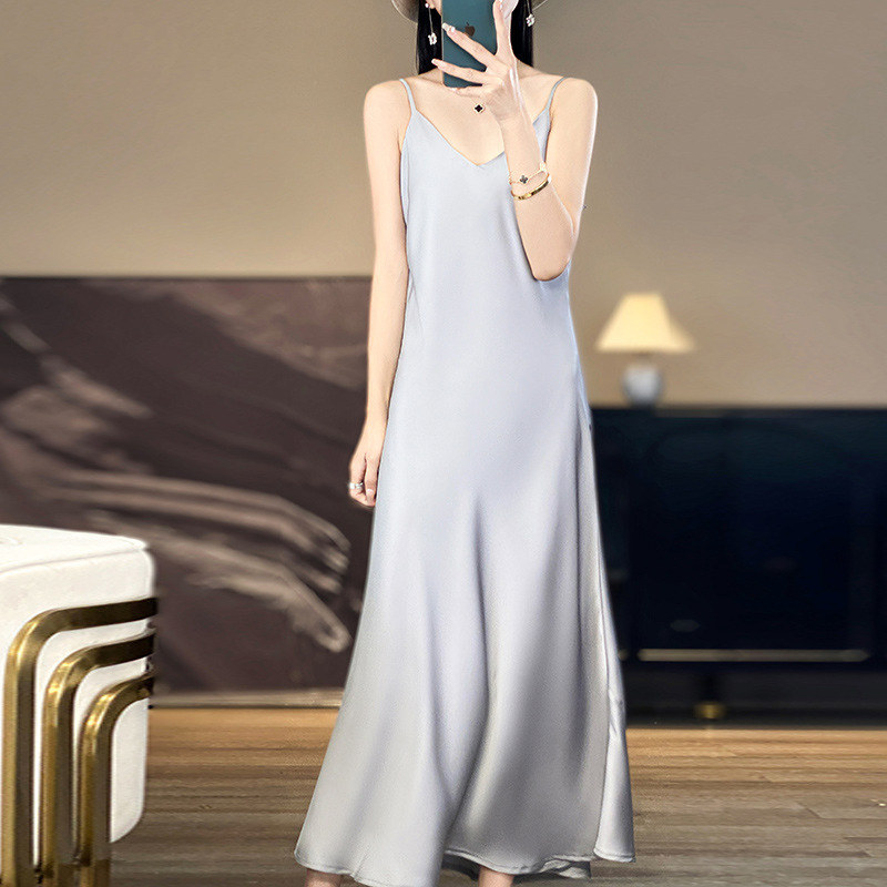 Spring and Summer 2025 New French Satin V-neck Sling dress Solid Color Loose High Waist Elegant Long Dress for Women