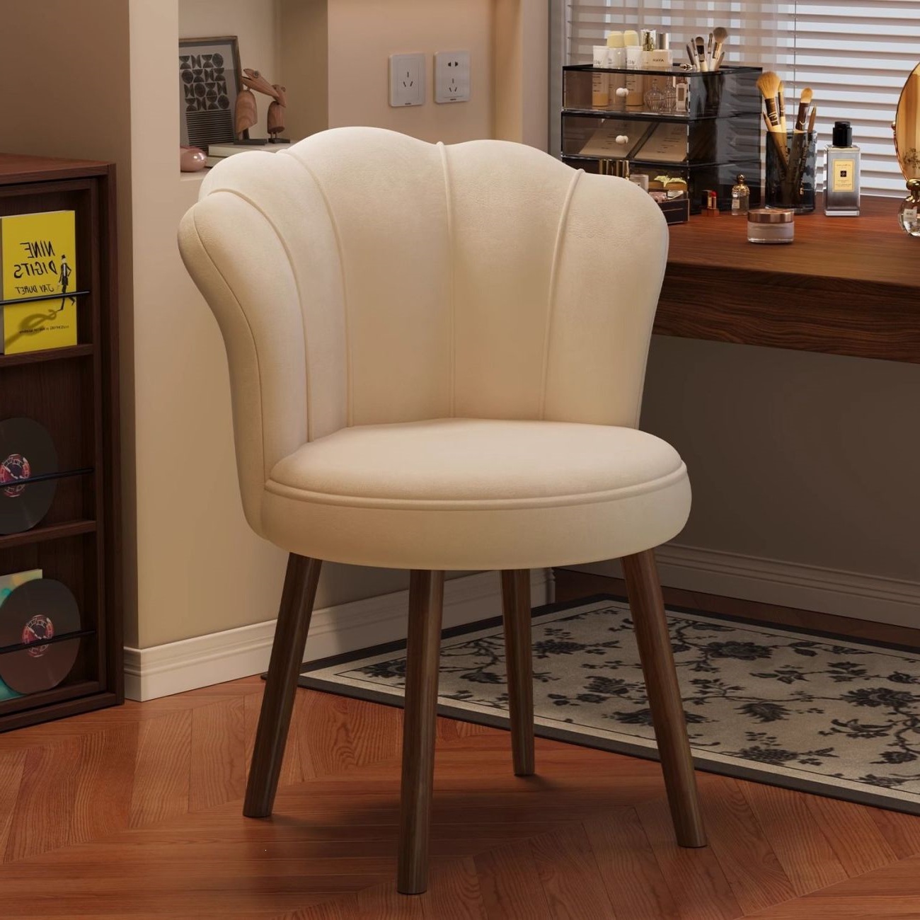 Vintage light luxury rotatable makeup chair, mid-century style dressing chair for girls, dressing table with solid wood legs and backrest