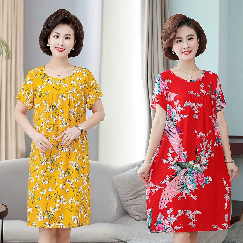 Летнее хлопковое шелковое платье из искусственного хлопка для среднего и пожилого возраста, новая домашняя одежда для мамы, юбка, ночная рубашка большого размера, пижама