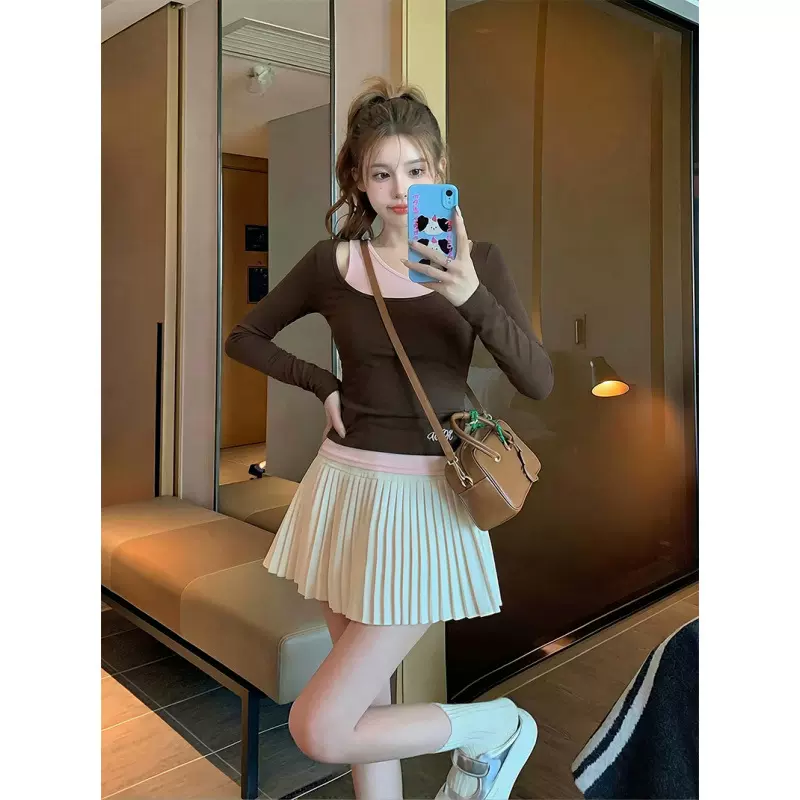 美式假两件长袖t恤女早春2026新款修身甜辣妹显瘦打底衫内搭上衣