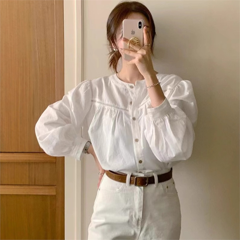 Foreign Trade Cross-Border Women's Clothing Wholesale Korean Dongdaemun Chic Splicing Cut Out Lace Shirt Sweet Spring & Fall Cotton Shirt