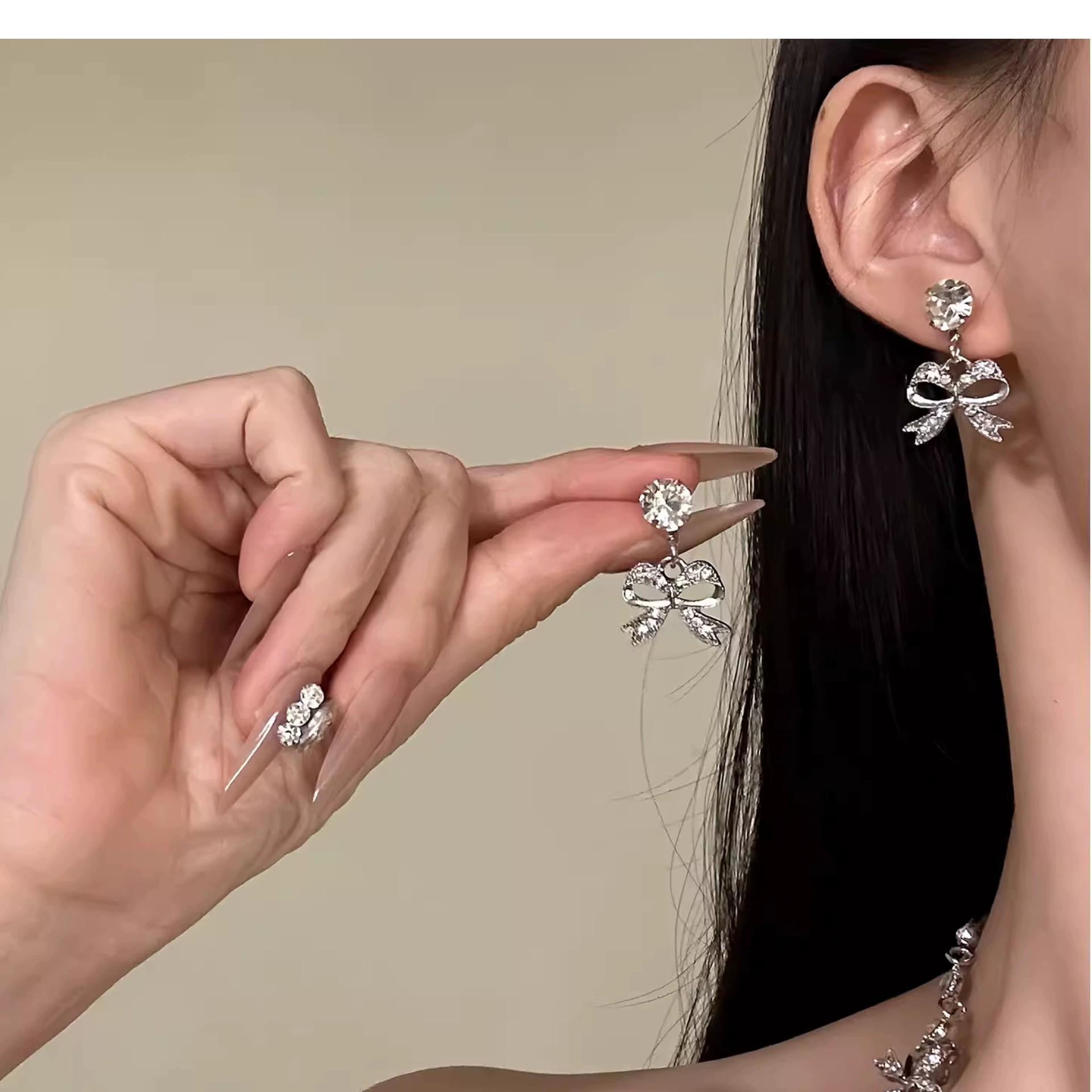 (Cross-border trading), necklace and earrings with bow drop-shaped with tassels, set, nail sequins for bride, new collection, light luxury style