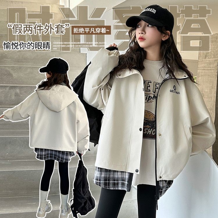 女童春秋款连帽外套2025新款9岁中大儿童装时髦洋气春季假2件上衣