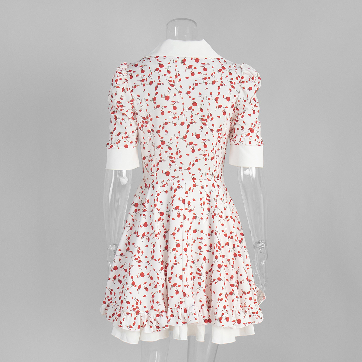 V-neck Printed Dress For Women, European And American Summer New Style, Bubble Sleeve Short Skirt_ecoleips.com
