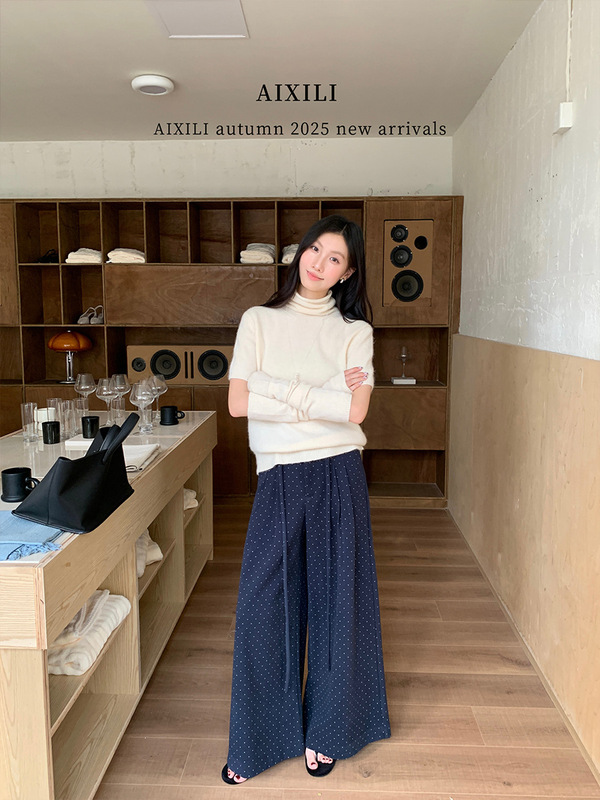 爱西里2025秋气质减龄百搭波点印花阔腿裤系带设计通勤长裤15385|undefined