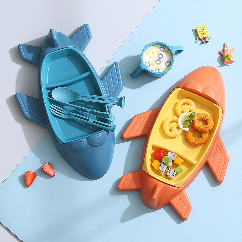 Plato de almuerzo de avión juego de seis piezas de dibujos animados de trigo jardín de infantes plato de comida para bebés vajilla de suplemento alimenticio para niños con taza, cuchillo, tenedor y cuchara image 4