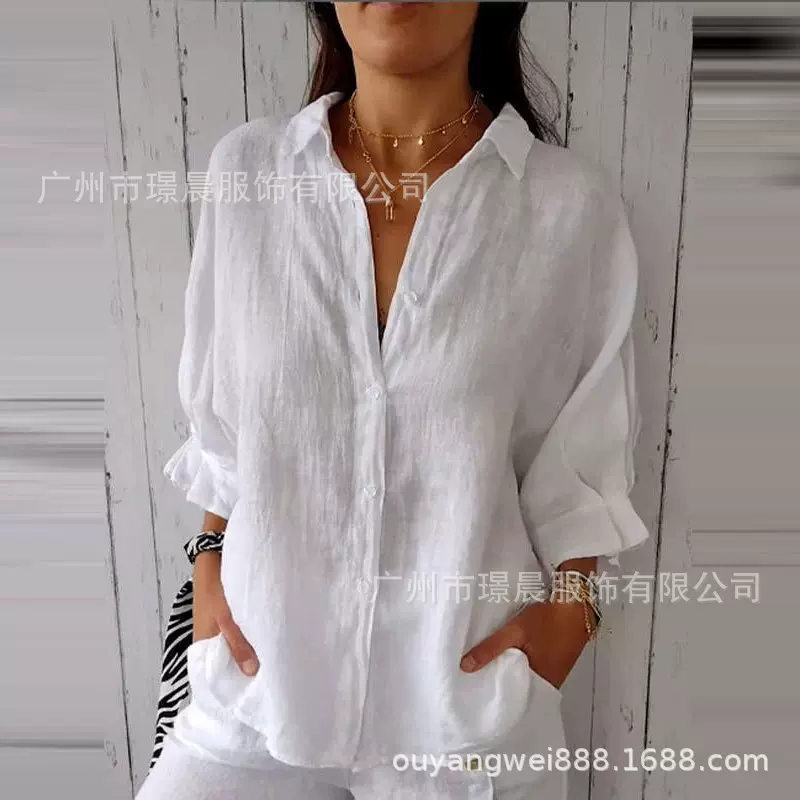 亚马逊跨境2024春季欧美外贸时尚休闲开衫百搭长袖宽松上衣衬衫女