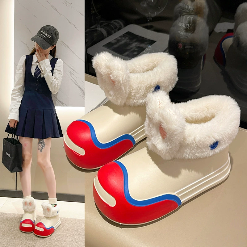 Новые резиновые сапоги средней трубы, женские осенне-зимние сапоги с шерстяной флисовой подкладкой, универсальные модные зимние сапоги с милыми маленькими кроликами