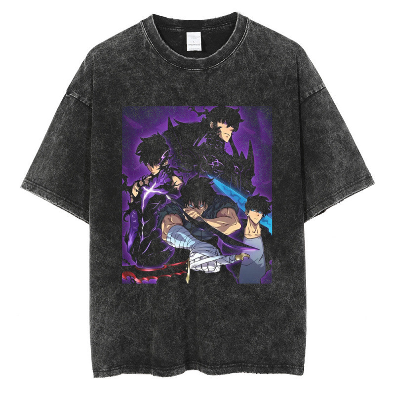 New distressed Solo Leveling alone upgrade anime series street retro washed T-shirt short sleeve