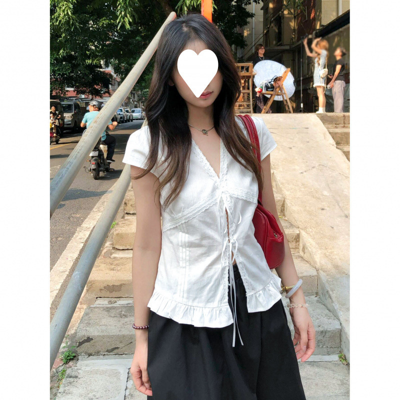 Factory Wholesale French Pure Lust Lace Lace-Up White Short-Sleeved Shirt Women's Summer Slimming Waist Shirt Top