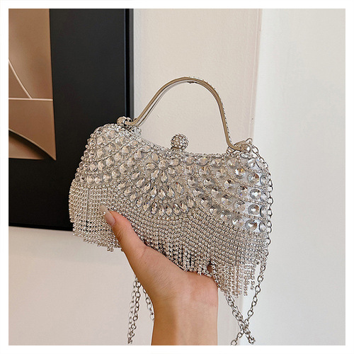 2025 Cross-border New European and American Rhinestone Evening Bag with Tassels, Fashionable Socialite Evening Clutch with Single Shoulder Strap