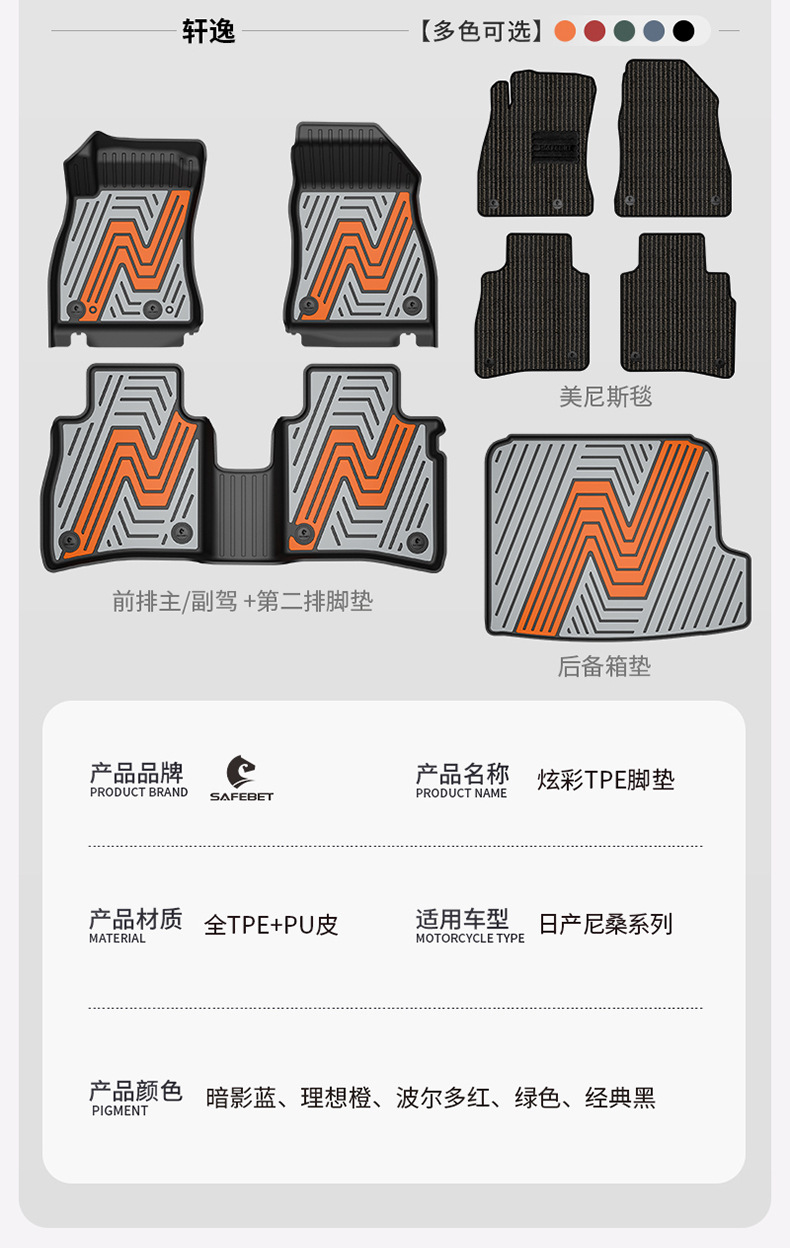 Suitable for Nissan Sylphy, Teana, Qashqai, X-Trail, N7, N6, Special Colorful Tpe Car Floor Mats