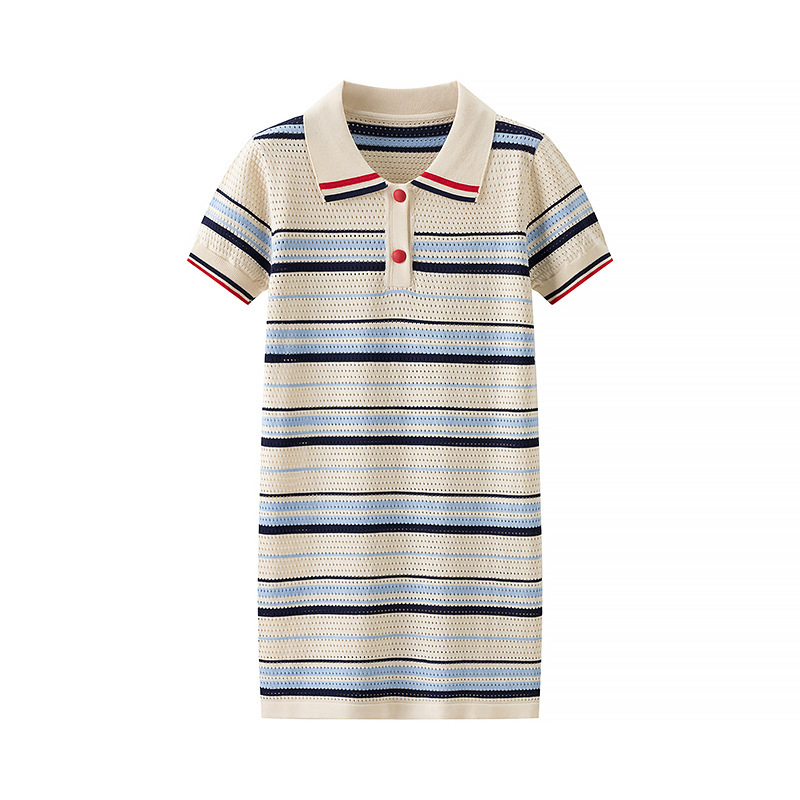 00Hm-2800Polo Collar Stripesd Knitted Dress 2025 Summer New Elegant Work Clothing Straight T-Shirt Dress