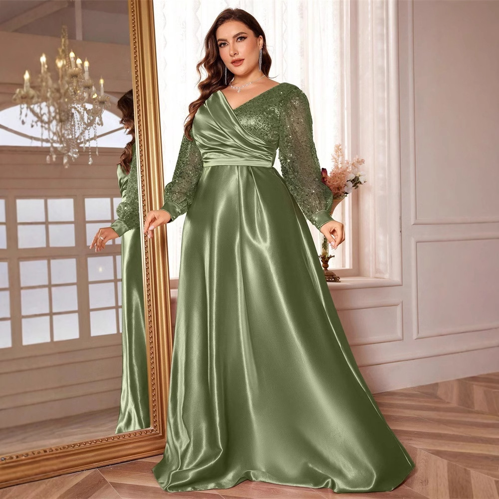 ChicShe Cross-Border Neues elegantes Plus-Size-Kleid aus Satin mit Pailletten, langen Ärmeln, V-Ausschnitt, schmal geschnitten, für Brautjungfern, Bankette und Abendveranstaltungen_voghion.com