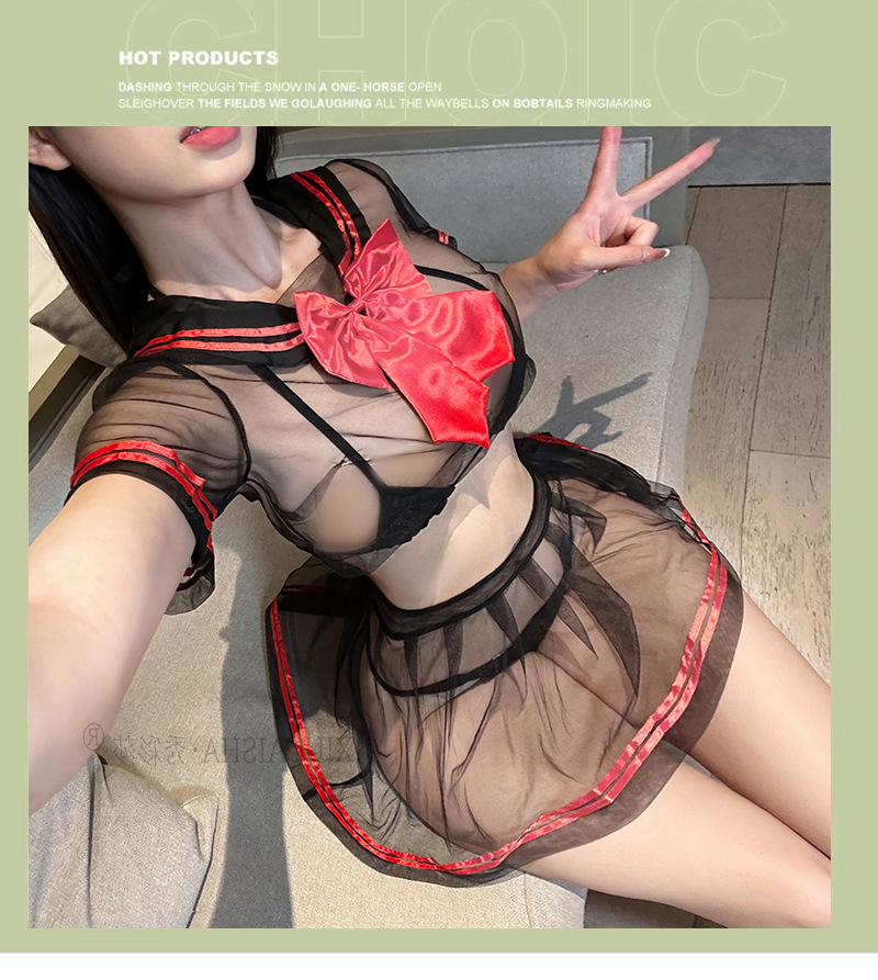 See-Through JK-Style Sailor Role-Play Pajama Set, Two-Piece Ultra-Short Skirt, Black One Size — detail image 8