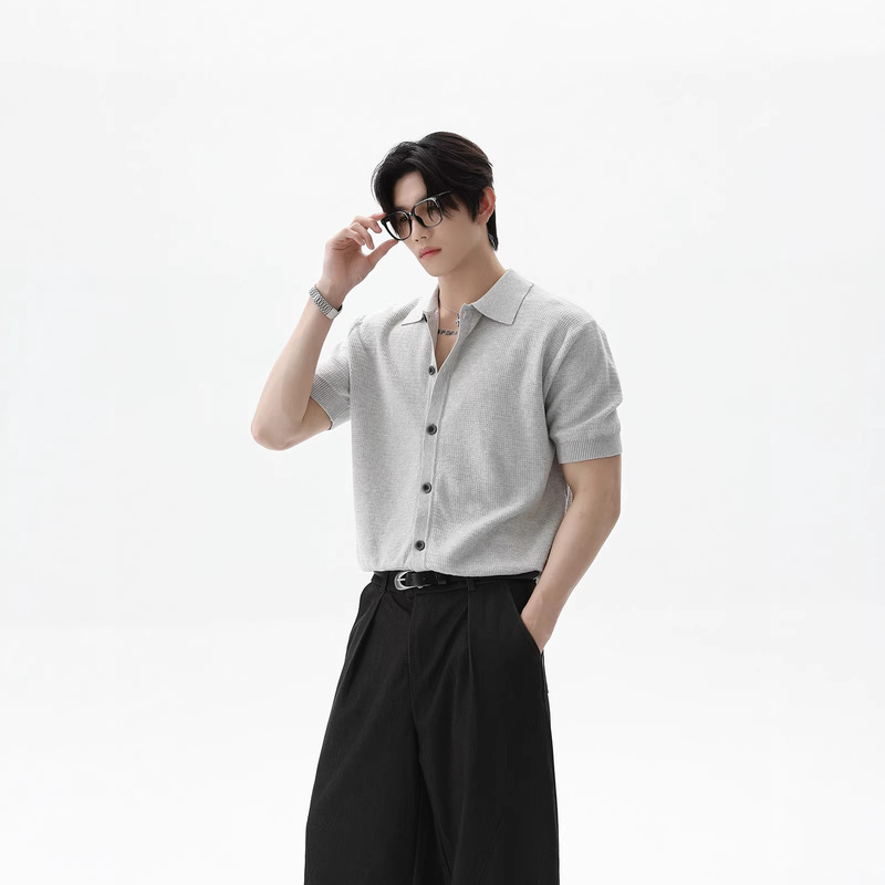 New Foreign Trade Summer Style Old Money Retro Lapel Knit Shirt Short-Sleeve High-Quality Cardigan Loose Versatile Simple Trendy New Foreign Trade Summer Style Old Money Retro Lapel Knit Shirt Short-Sleeve High-Quality Cardigan Loose Versatile Simple Trendy