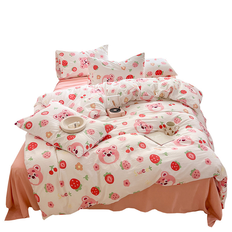 2024 nuevo traje de cuatro piezas con estampado de algodón lavado de clase A, funda de edredón simple de algodón fresco pequeño, funda de almohada, ropa de cama al por mayor