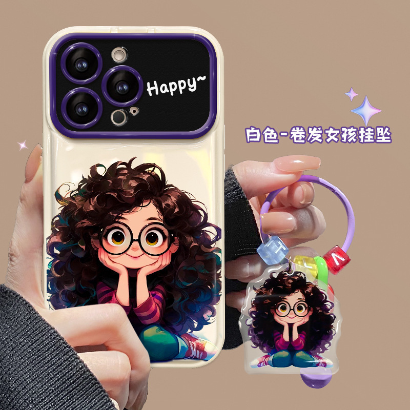 For Apple 15promax Phone Case iphone14 Curly Hair Glasses Girl's Pendant 13 Flip Mirror Silicone For Apple 15promax Phone Case iphone14 Curly Hair Glasses Girl's Pendant 13 Flip Mirror Silicone