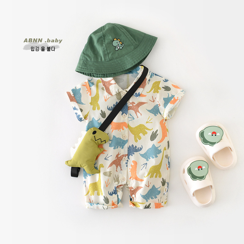 Baby boy summer jumpsuit short sleeve newborn thin cartoon dinosaur romper 0-3 baby clothes for free doll
