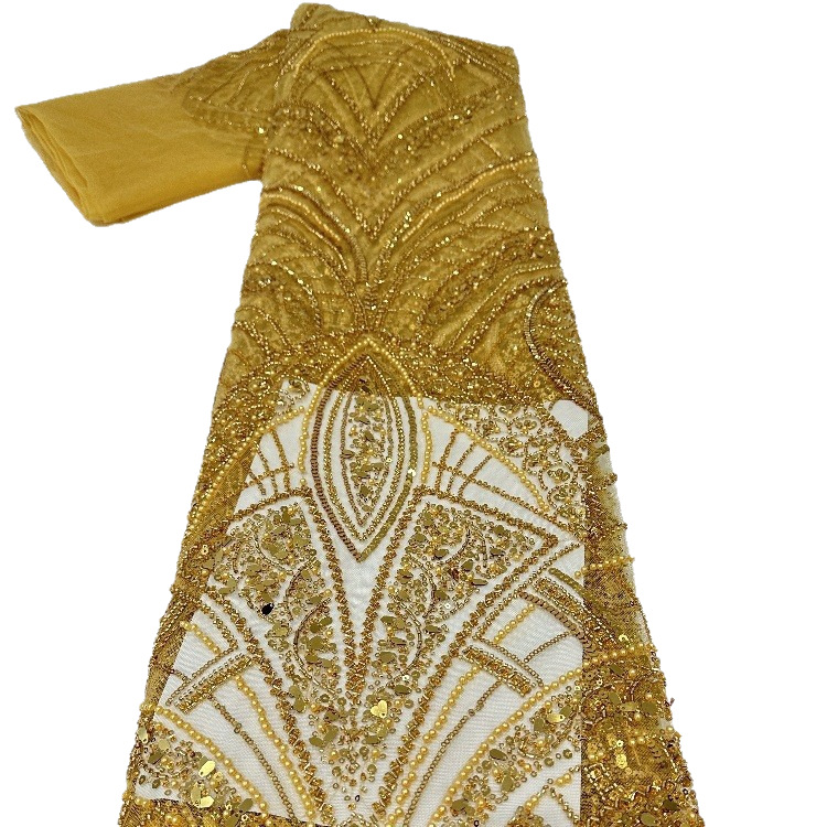 Semillas de melón sequinaria ventilador tubo de perlas tela bordada moda lujosa vestido de boda francés vestido de moda tela
