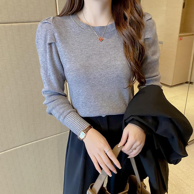 Autumn and Winter New Style Puff Sleeve Knitwear Tops for Women, Long-Sleeved Inner Round Neck Bottoming Shirts, Slim Pleated Knitwears for Women
