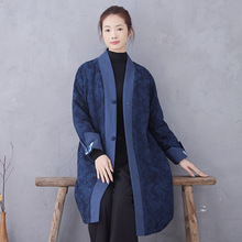 复古对襟棉衣冬季棉服外套中长款汉服棉麻提花女宽松大码藏青色