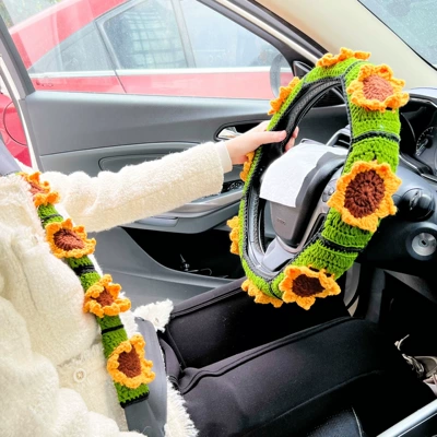 Steering wheel cover Crochet Sunflower Rose Flower - three-dimensional-sunflower-flower-steering-wheel-set-3-pieces-36-40cm