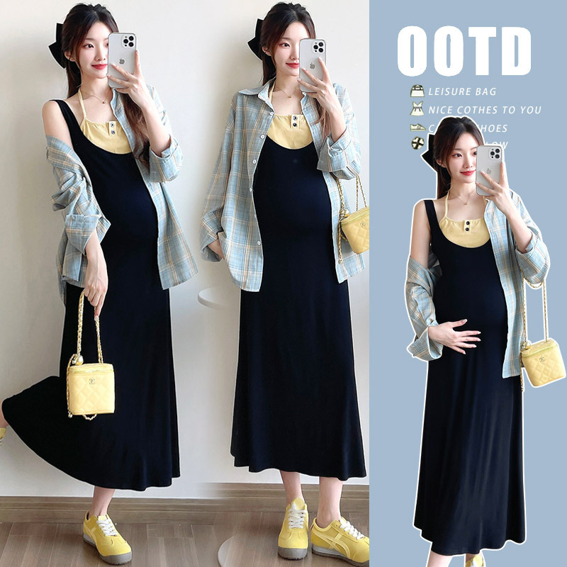 2026 Spring Versatile Casual Fake Two-Piece Strap Dress + Loose Plaid Shirt Maternity Two-Piece Set