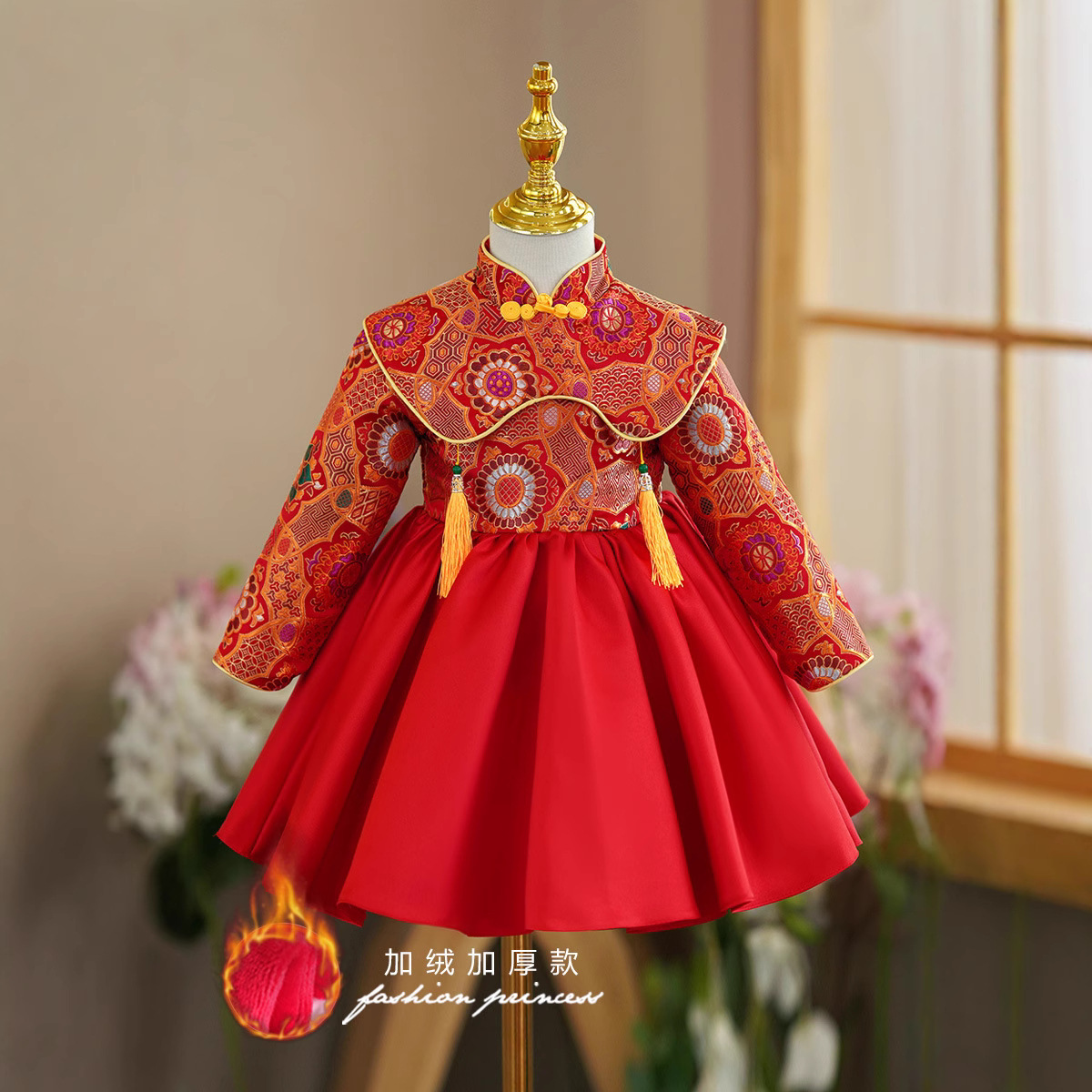 红色一周岁女宝宝礼服汉服婴幼儿中国风中式抓周宴拜年服摄影服
