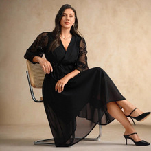 女式优雅V领拼接亮片蕾丝长袖收腰A字长款黑色雪纺连衣裙适合聚会