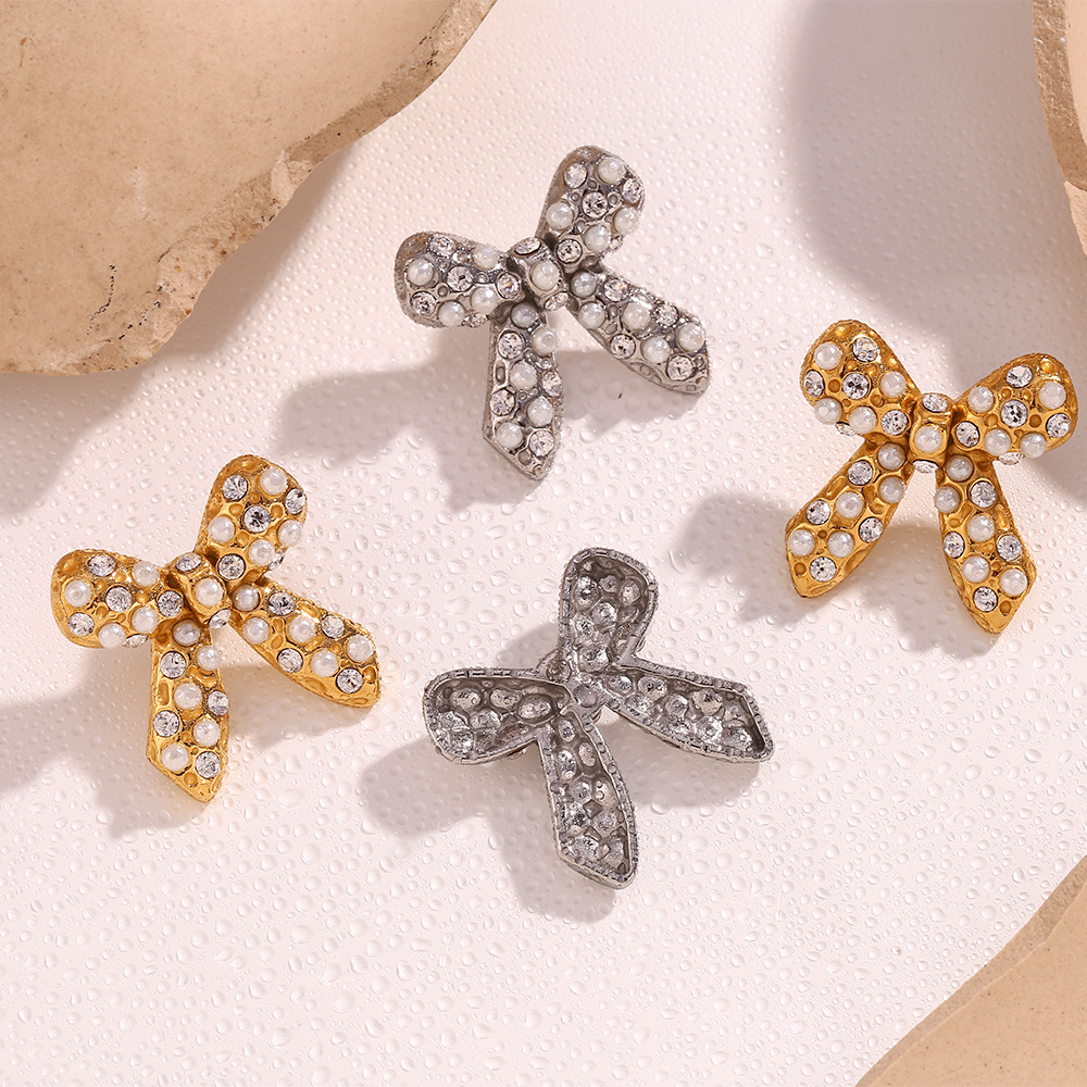 Pearl Zircon Inlaid Bow Stainless Steel Earrings