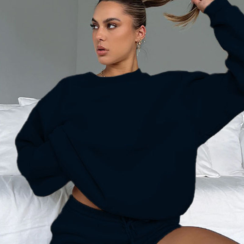 Women's Round Neck Pullover Sweatshirt Long Sleeve Solid Colour_voghion.com